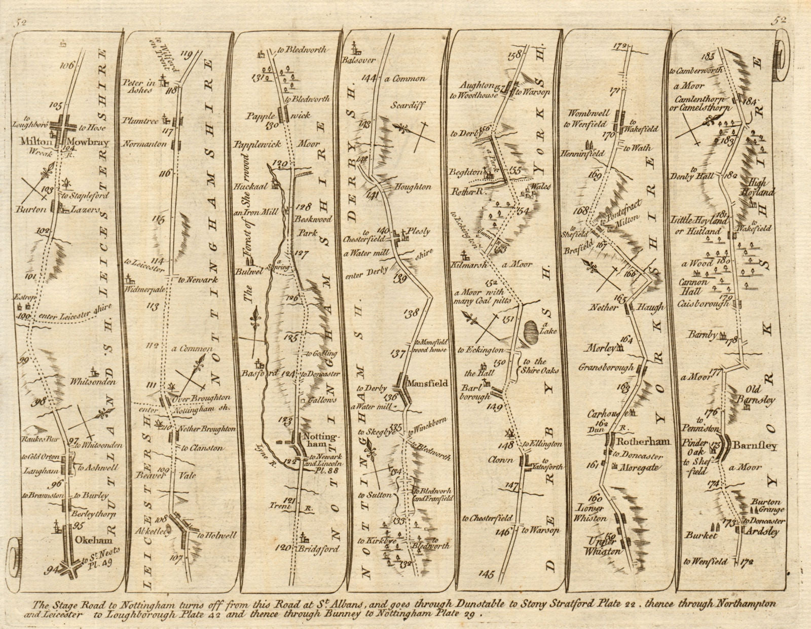 Oakham Nottingham Mansfield Rotherham Barnsley. KITCHIN road map 1767 old